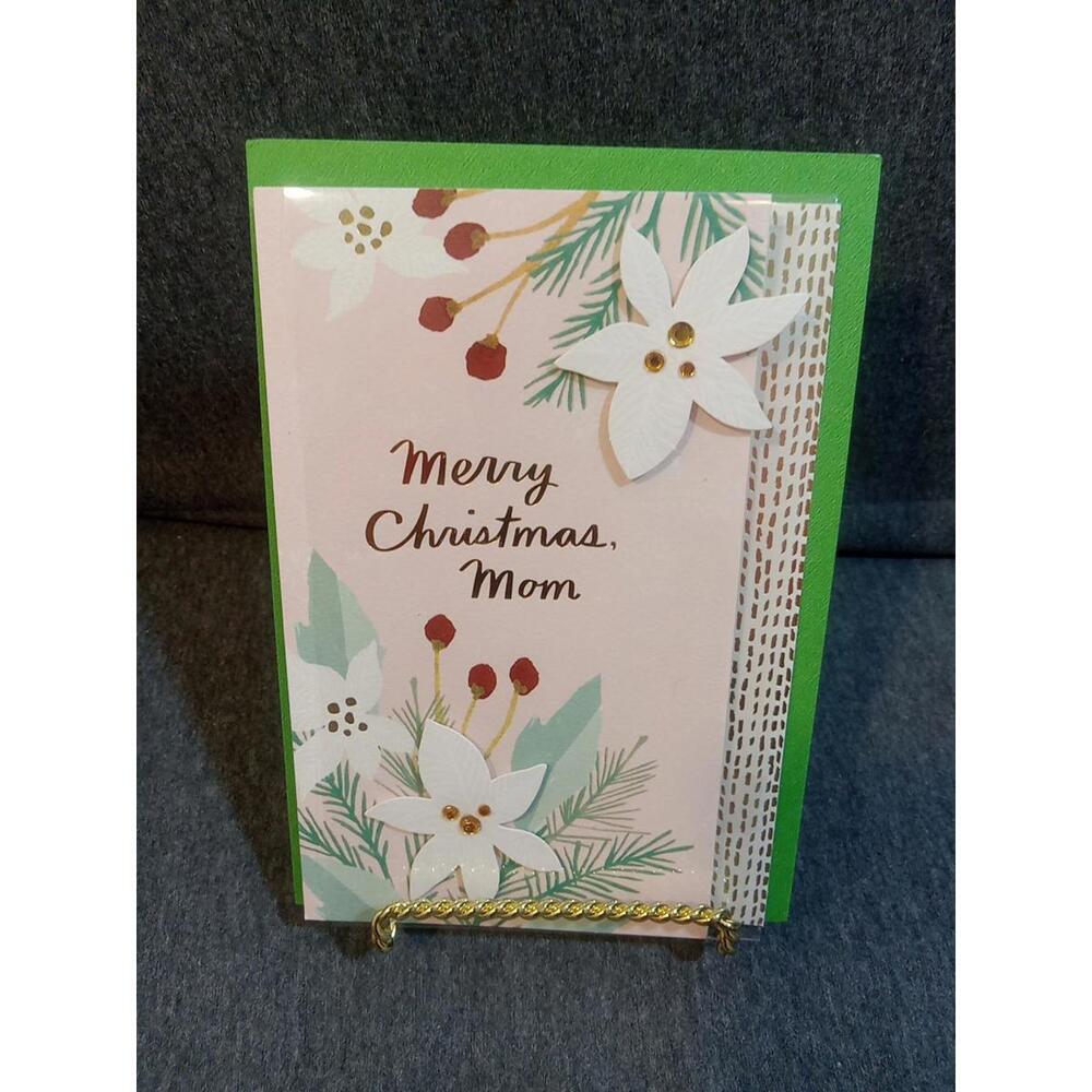 Hallmark Card White Red Green To MOM "Merry Christmas Mom" Poinsettias Gems